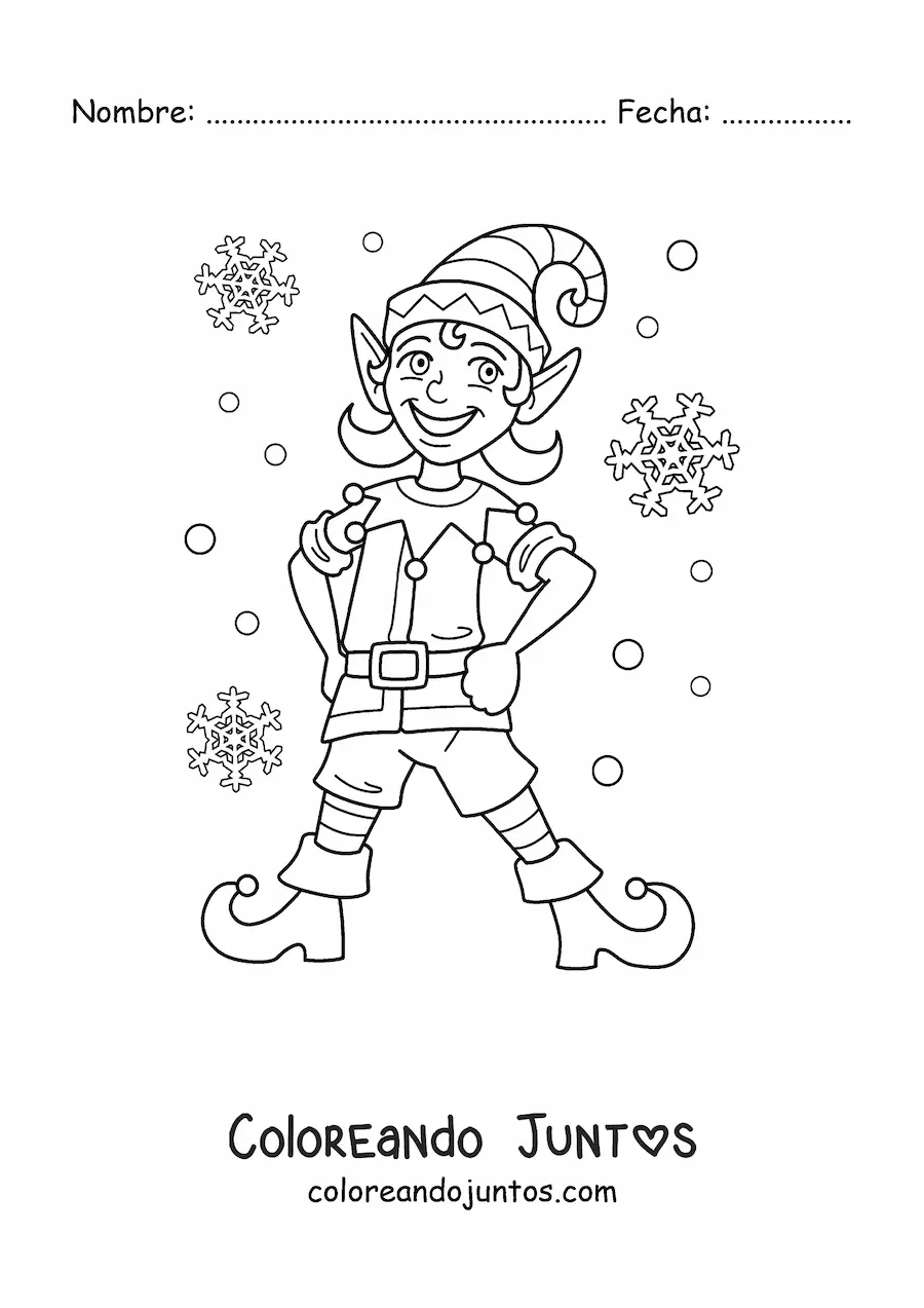 Imagen para colorear de duende de Navidad con copos de nieve