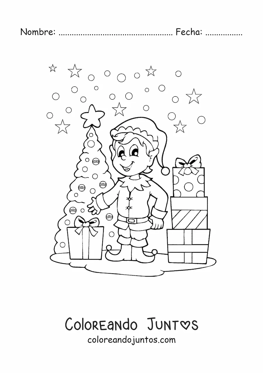 Imagen para colorear de duende de Navidad junto al árbol y los regalos