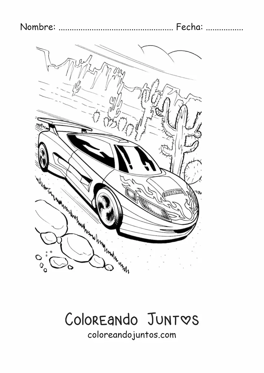 Imagen para colorear de un auto de carreras a toda velocidad en un desierto