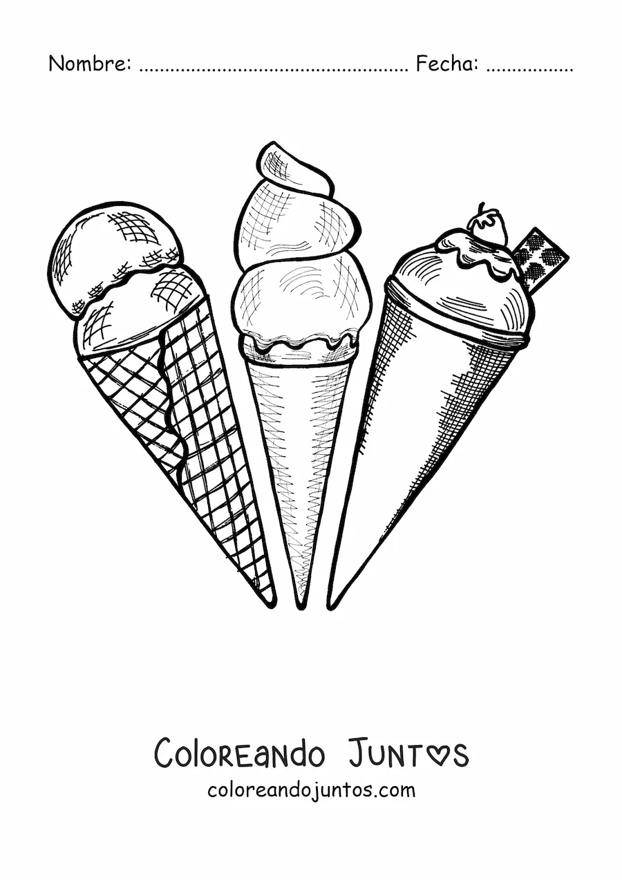 Imagen para colorear de tres conos de helado de distintos sabores