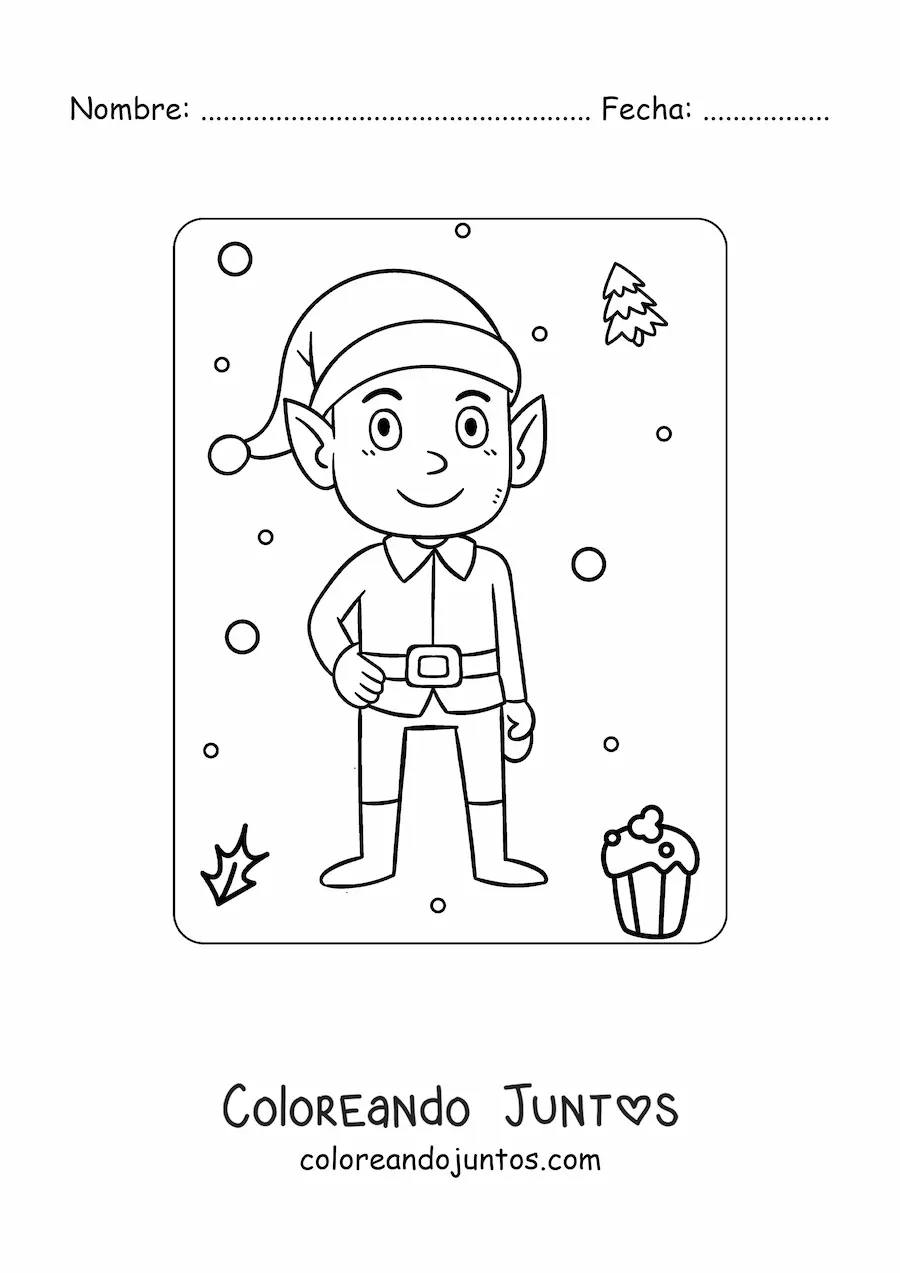 Imagen para colorear de elfo de Navidad animado vestido de Santa Claus