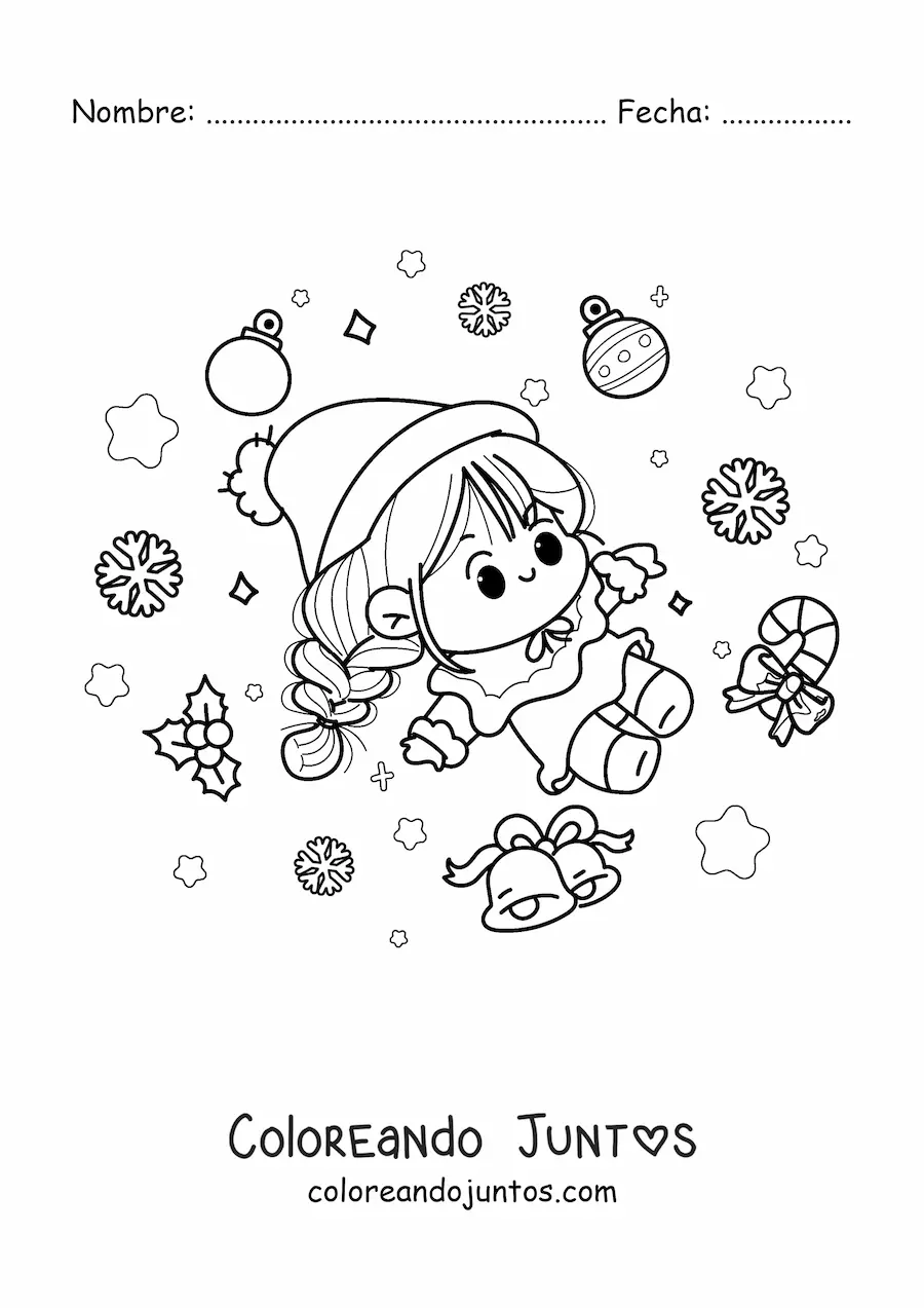 Imagen para colorear de niña navideña kawaii