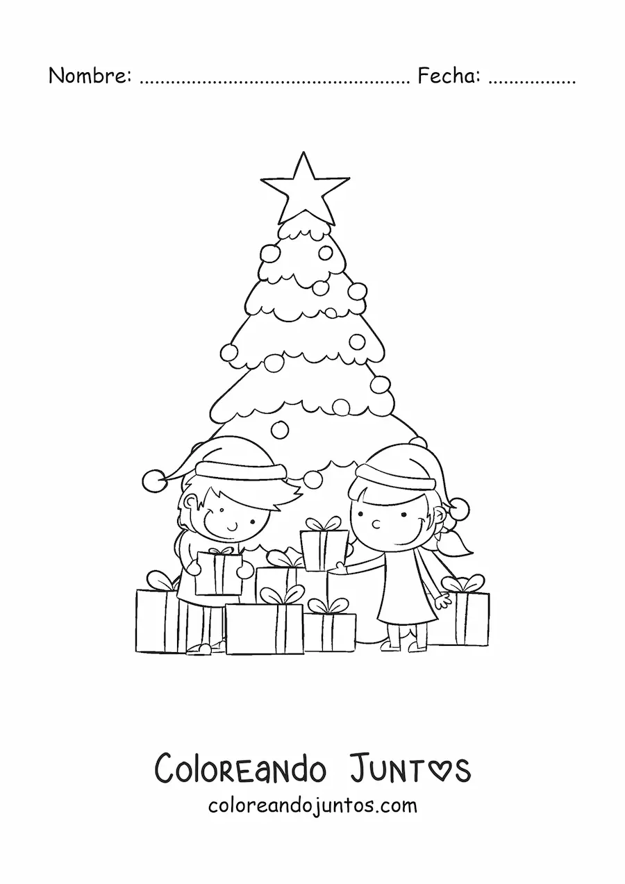 Imagen para colorear de niños abriendo regalos junto al árbol de Navidad