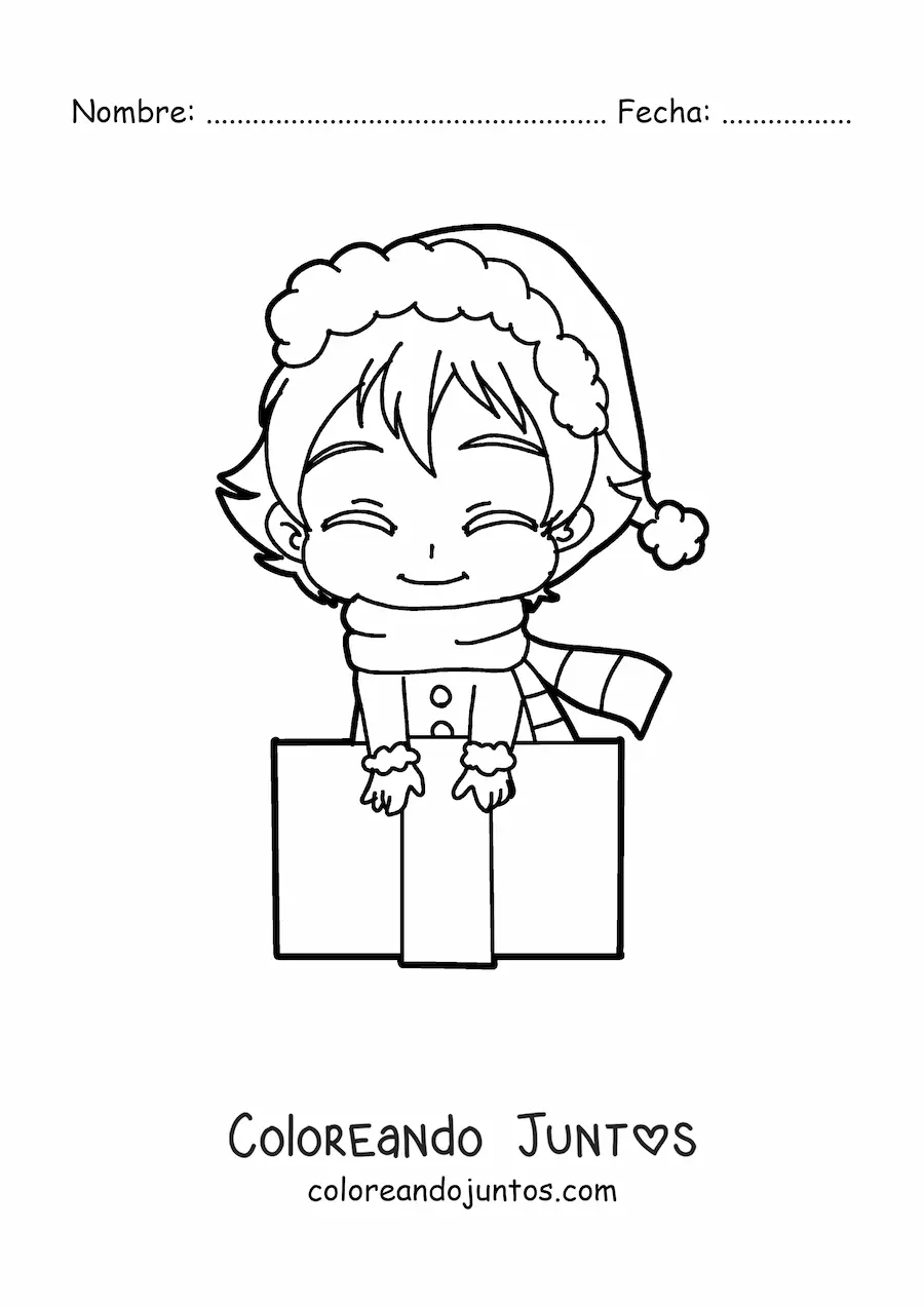 Imagen para colorear de niña kawaii con regalo de Navidad estilo anime