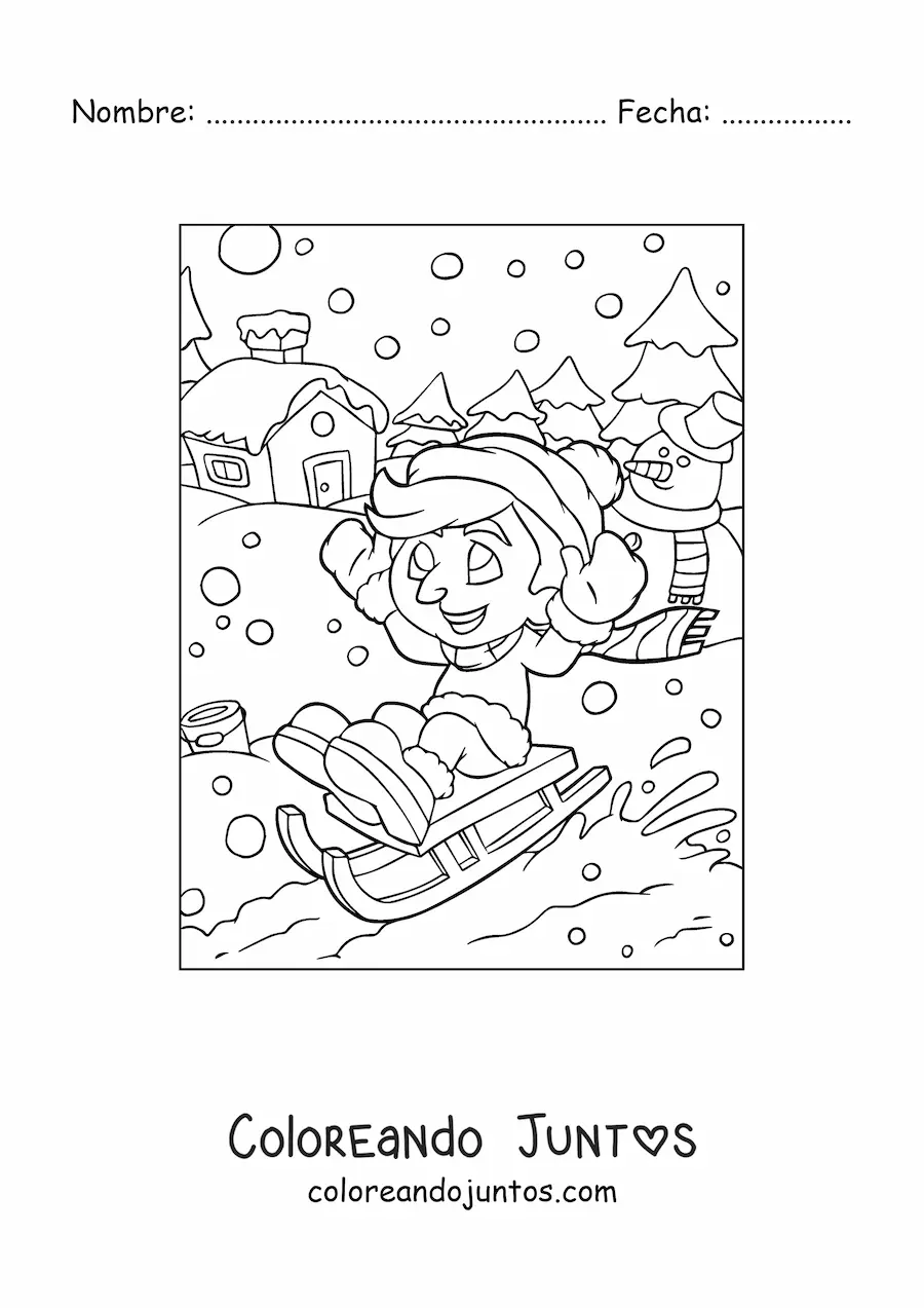 Imagen para colorear de niño deslizándose en un trineo en Navidad