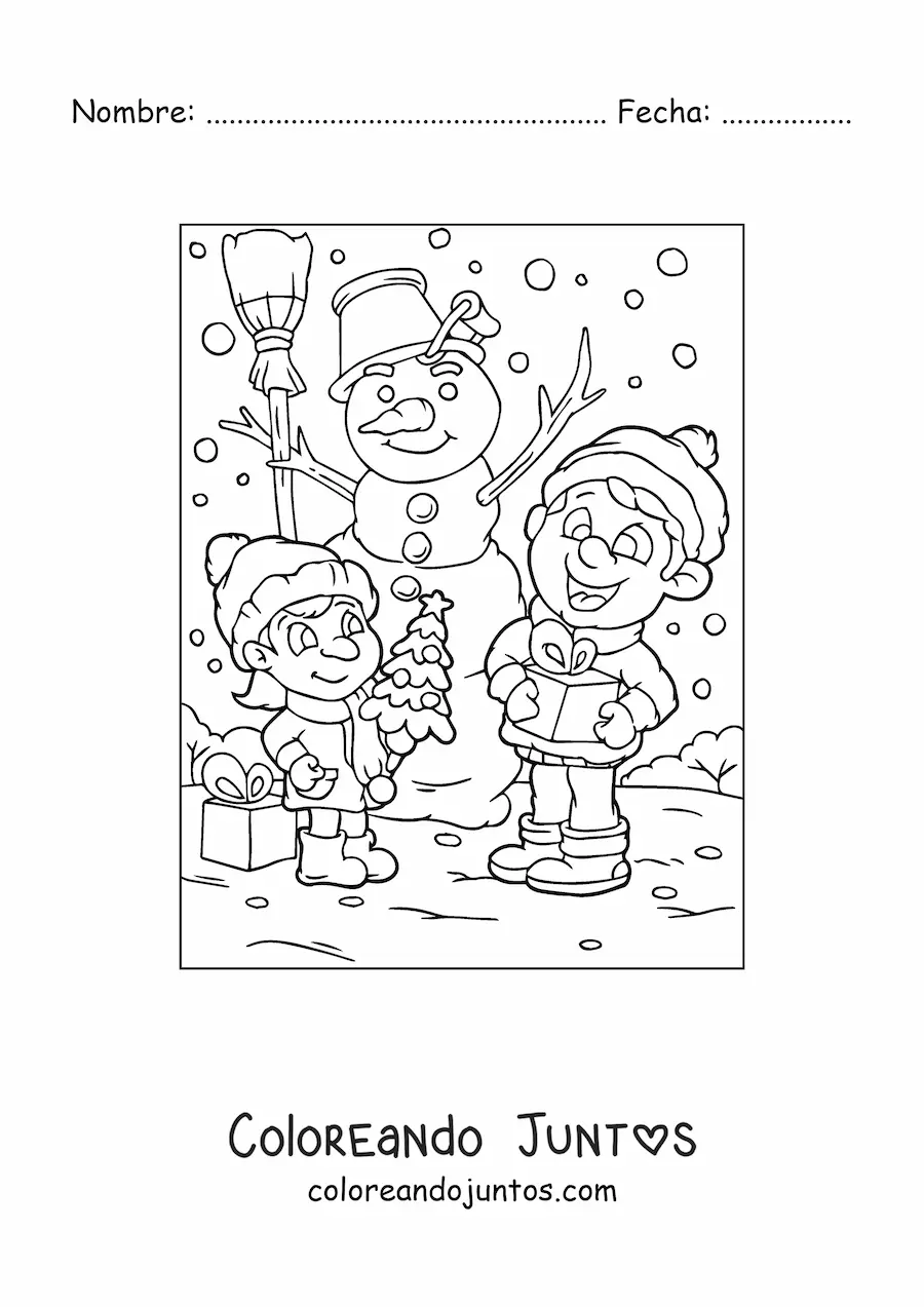 Imagen para colorear de niños con regalos de Navidad y muñeco de nieve