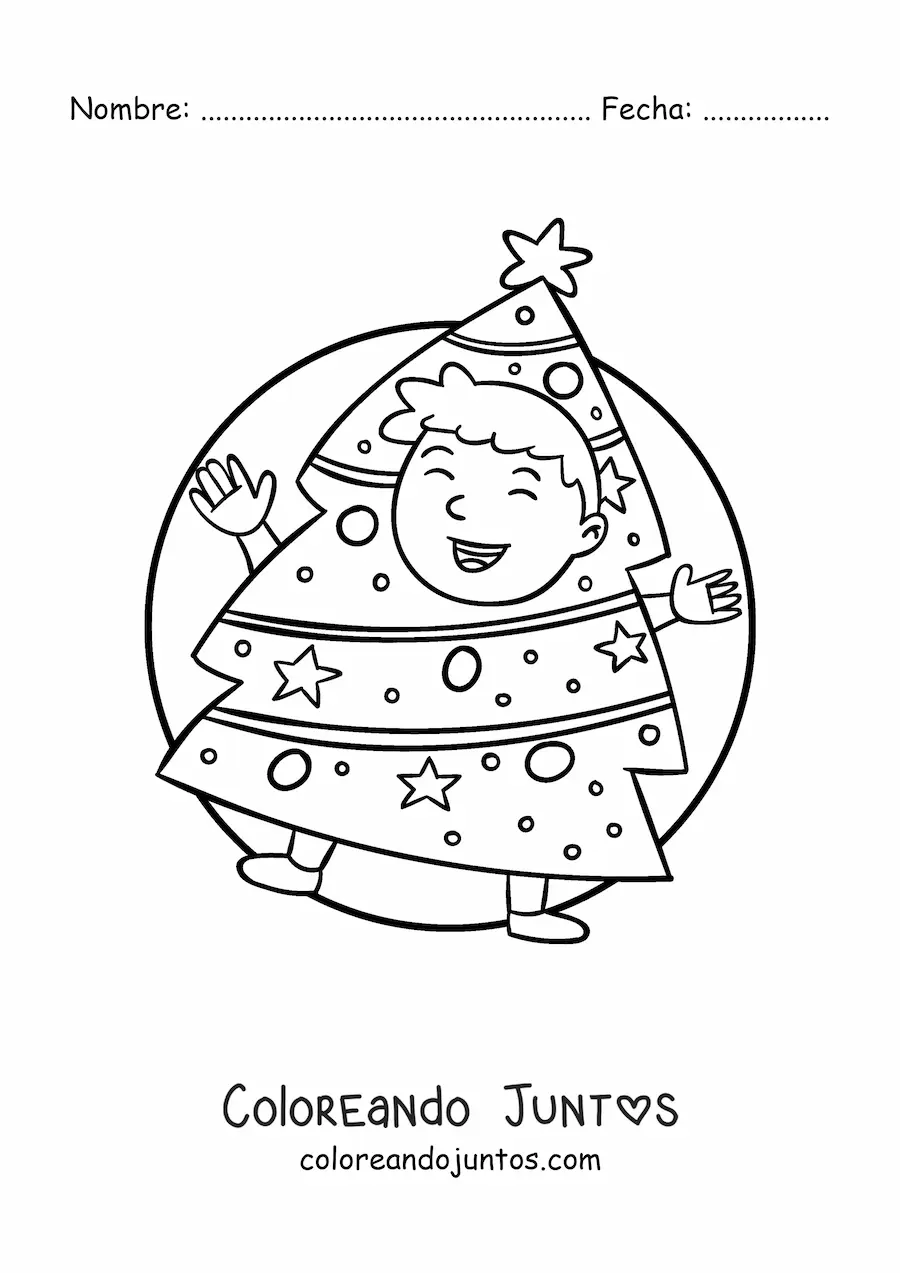Imagen para colorear de niño disfrazado de árbol de Navidad