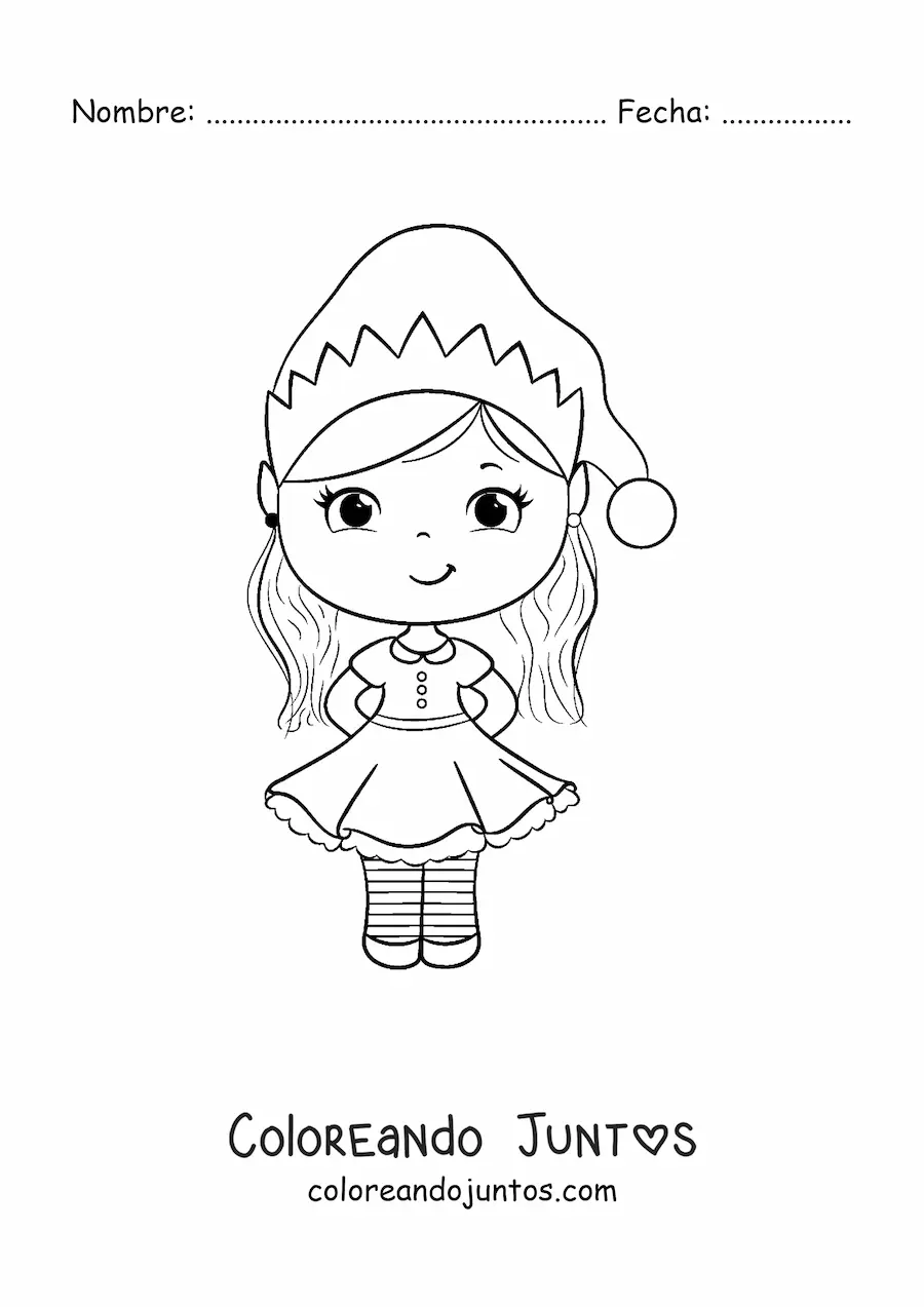 Imagen para colorear de niña con vestido de Navidad