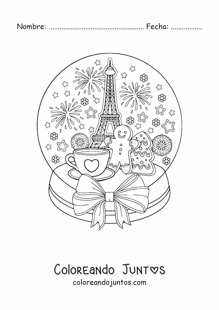 Imagen para colorear de bola de nieve con paisaje de París