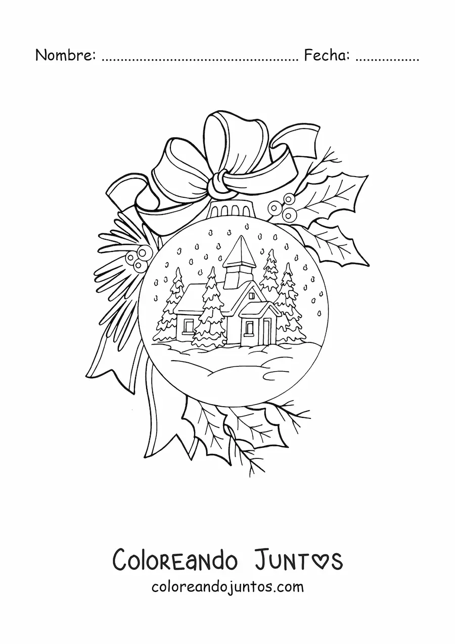 Imagen para colorear de bola de nieve navideña en árbol de Navidad