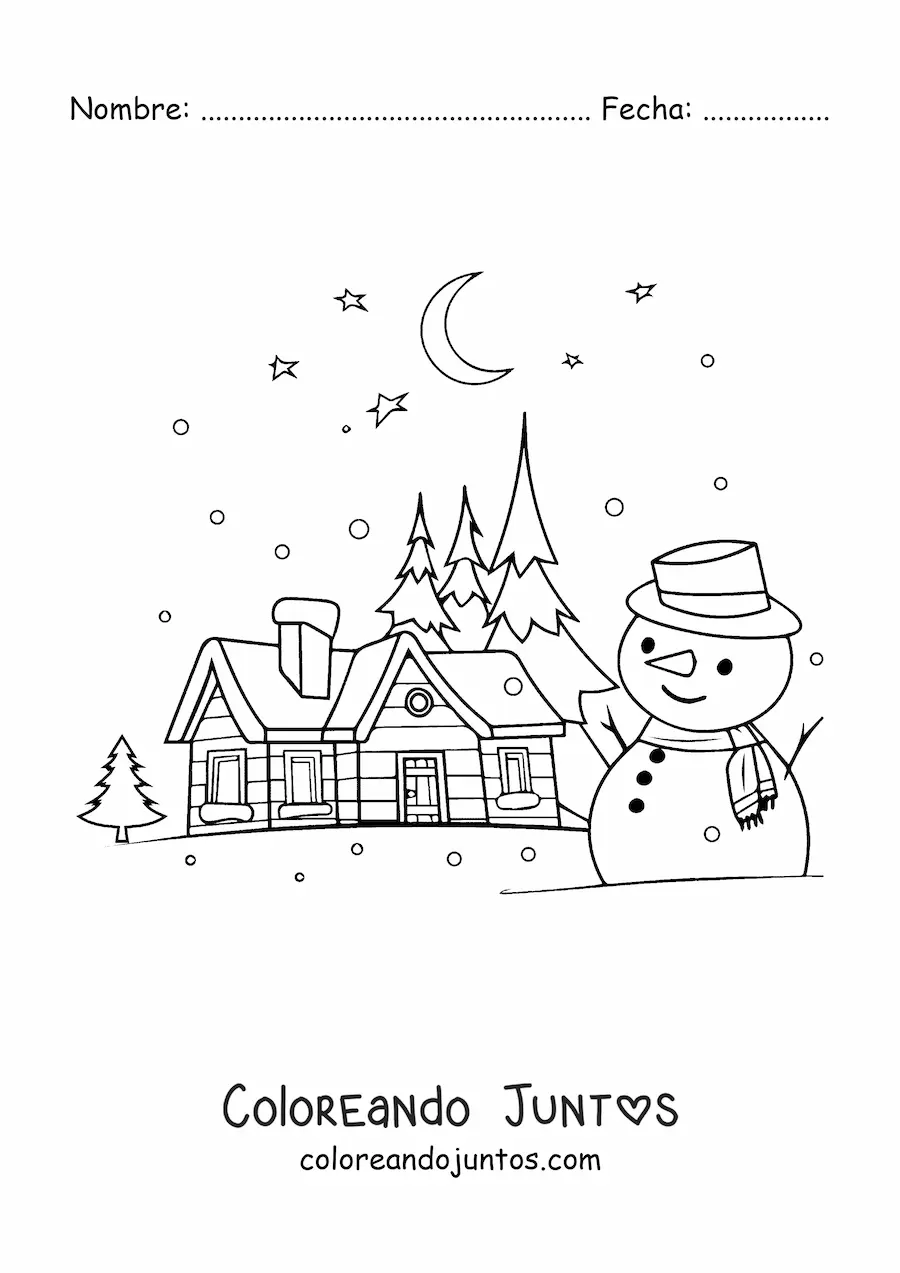 Imagen para colorear de muñeco de nieve con paisaje
