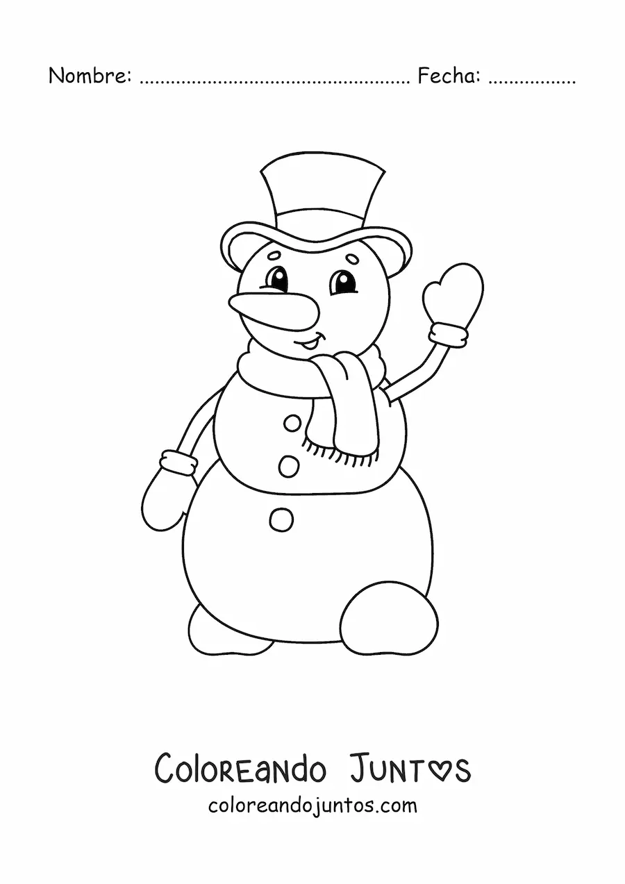 Imagen para colorear de muñeco de nieve animado con sombrero y bufanda