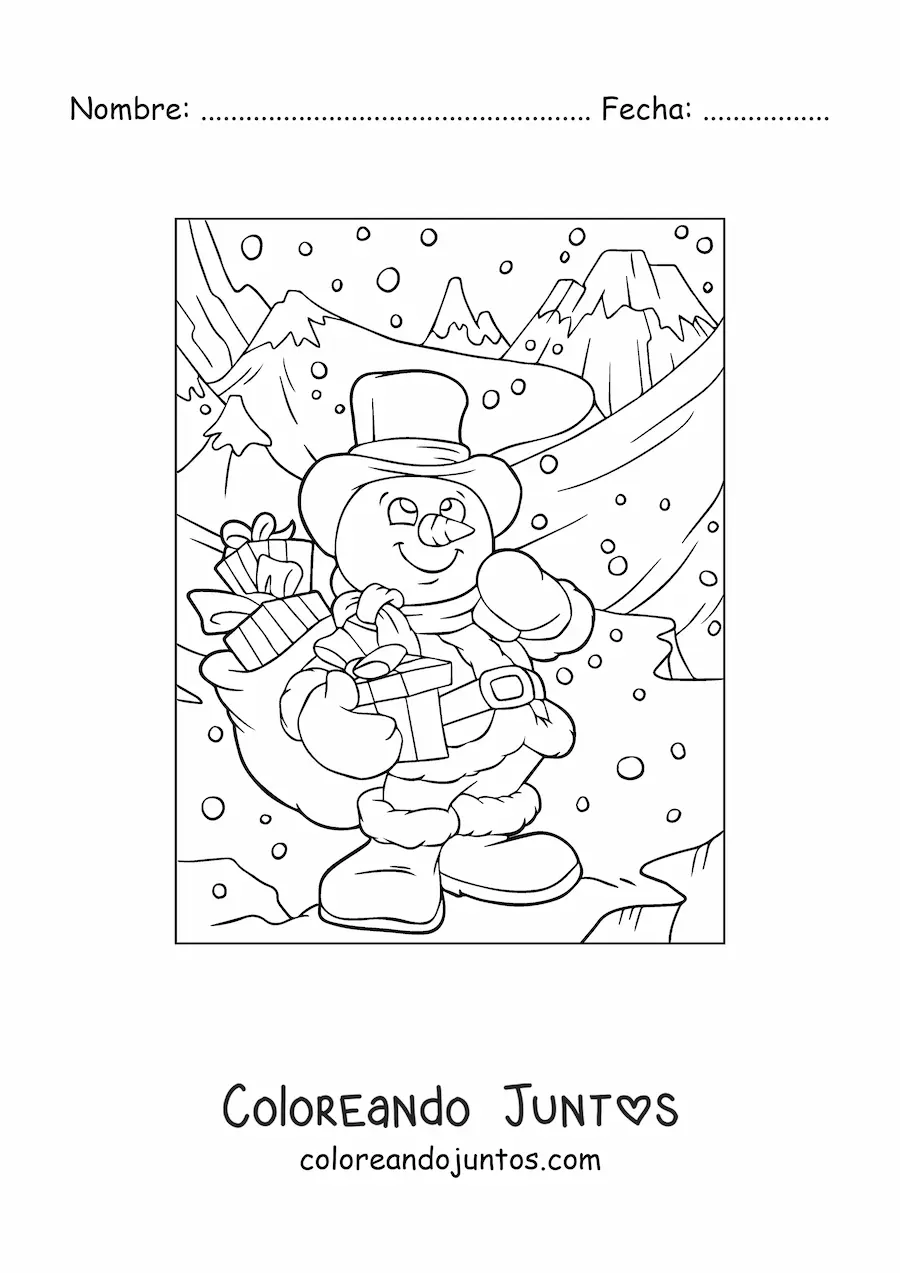 Imagen para colorear de muñeco de nieve con regalos