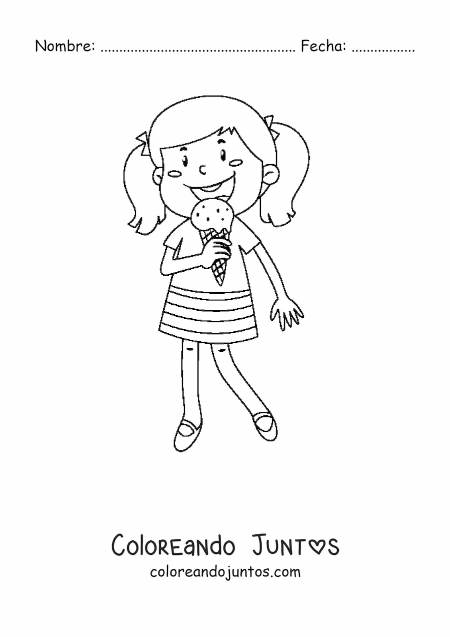 Imagen para colorear de una niña comiendo un helado de barquilla