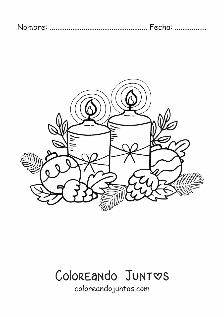 Imagen para colorear de velas de Navidad decoradas con bambalinas