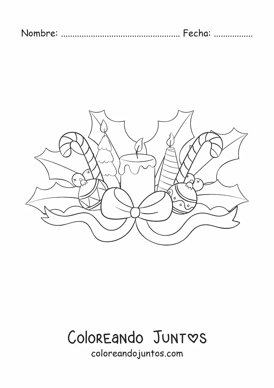 Imagen para colorear de vela de Navidad con bastones de caramelo y bambalinas