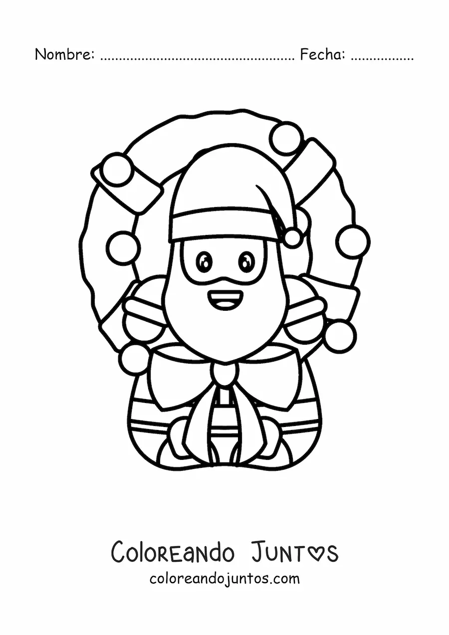 Imagen para colorear de corona de Navidad con Santa kawaii