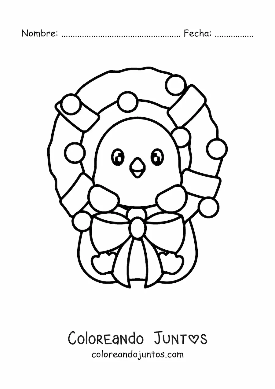 Imagen para colorear de corona de Navidad con pingüino kawaii