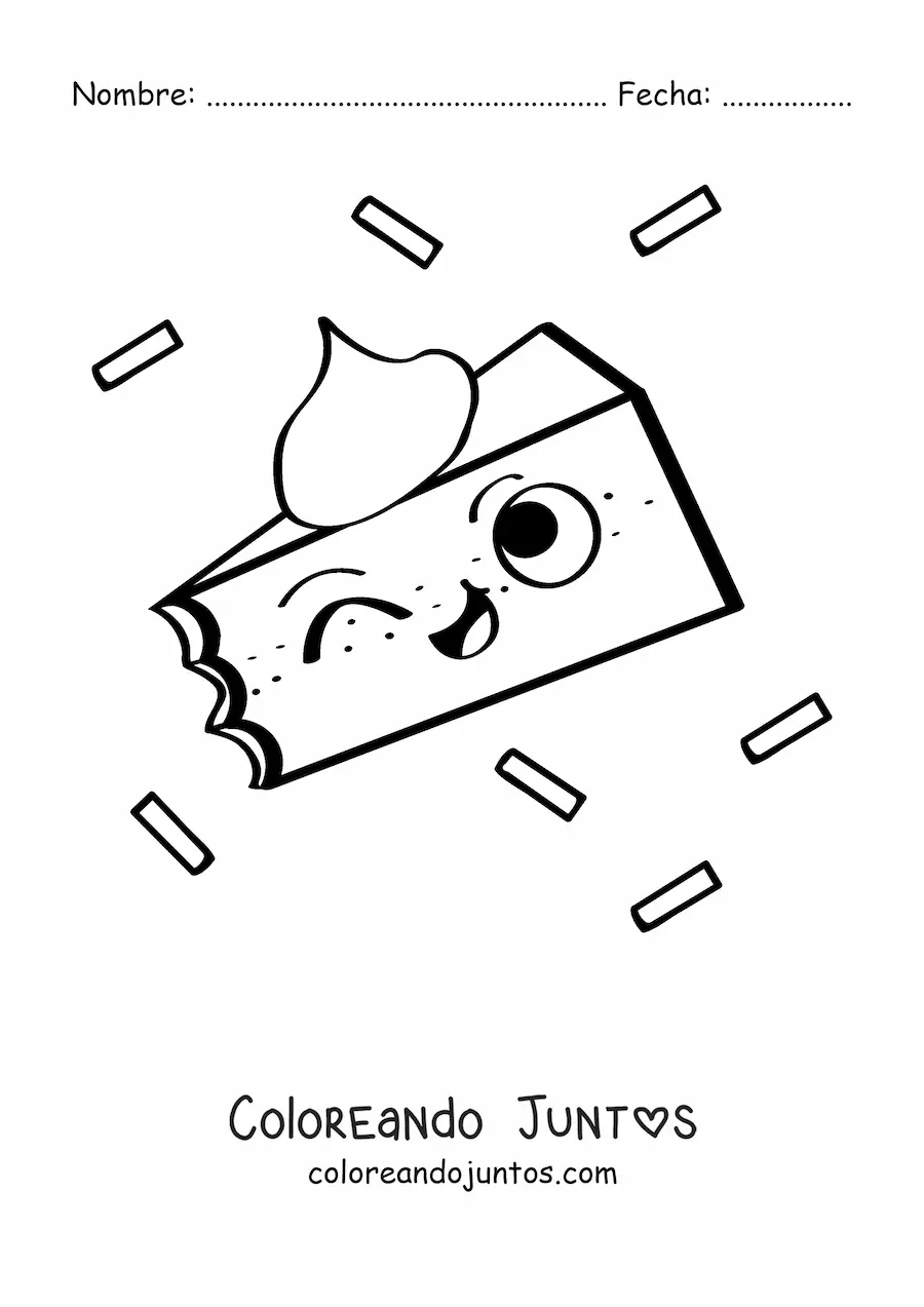 Imagen para colorear de una rebanada de pastel animada guiñando un ojo