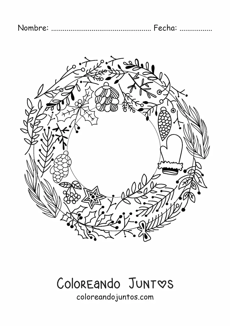 Imagen para colorear de corona de Navidad con adornos