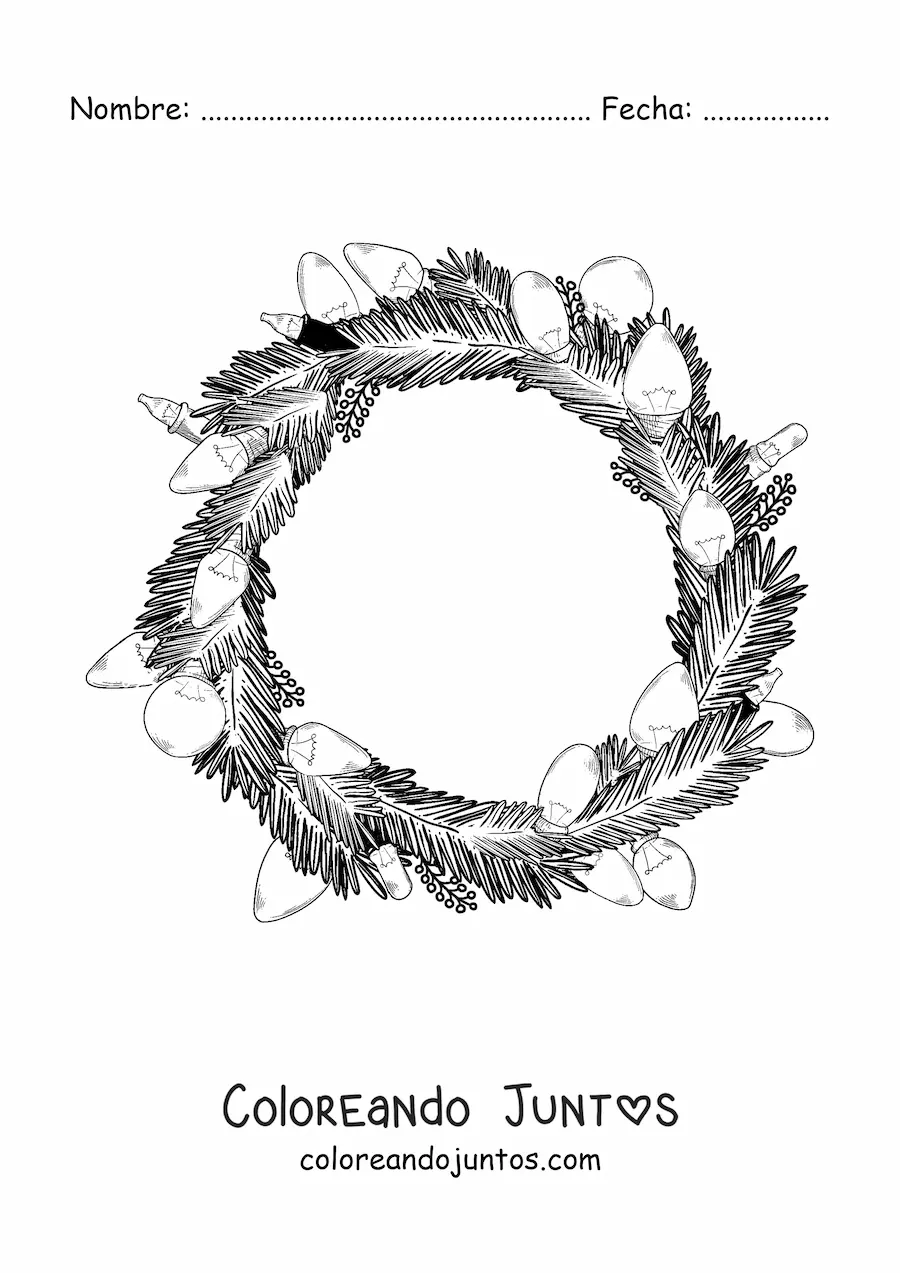 Imagen para colorear de corona de Navidad con luces