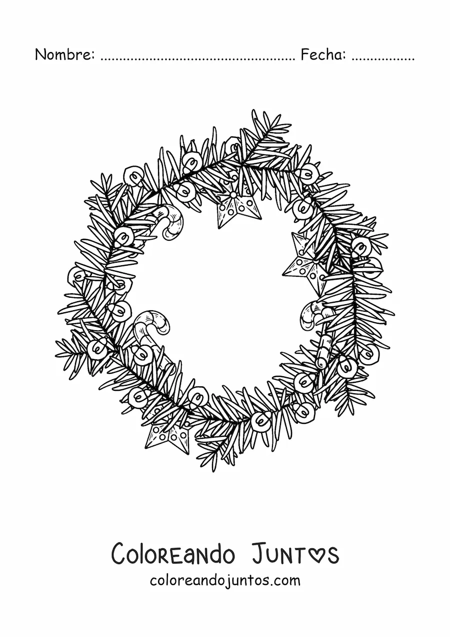 Imagen para colorear de corona de Navidad con bastón de caramelo
