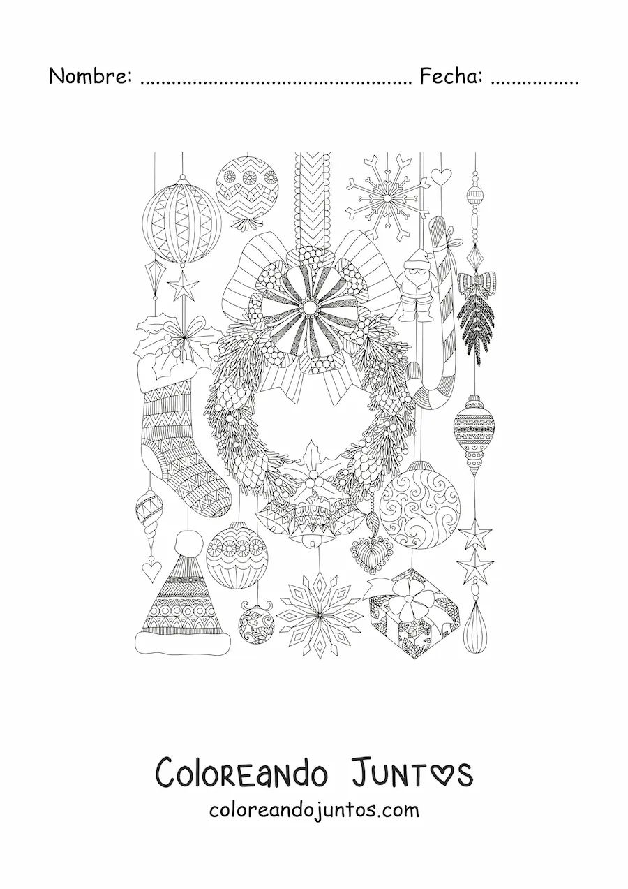 Imagen para colorear de corona de Navidad con adornos de Navidad