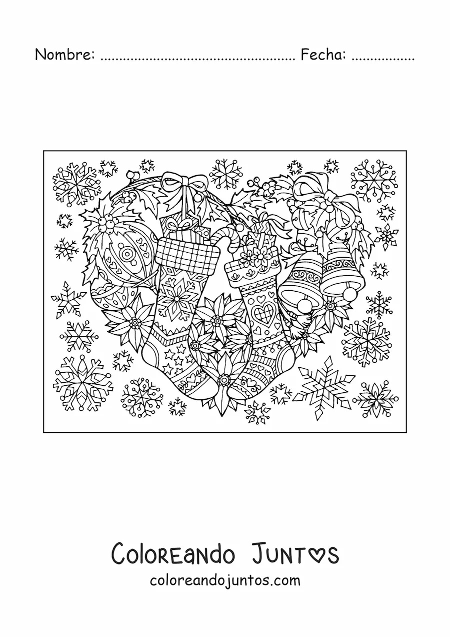 Imagen para colorear de corona de Navidad bonita con calcetines y bambalinas