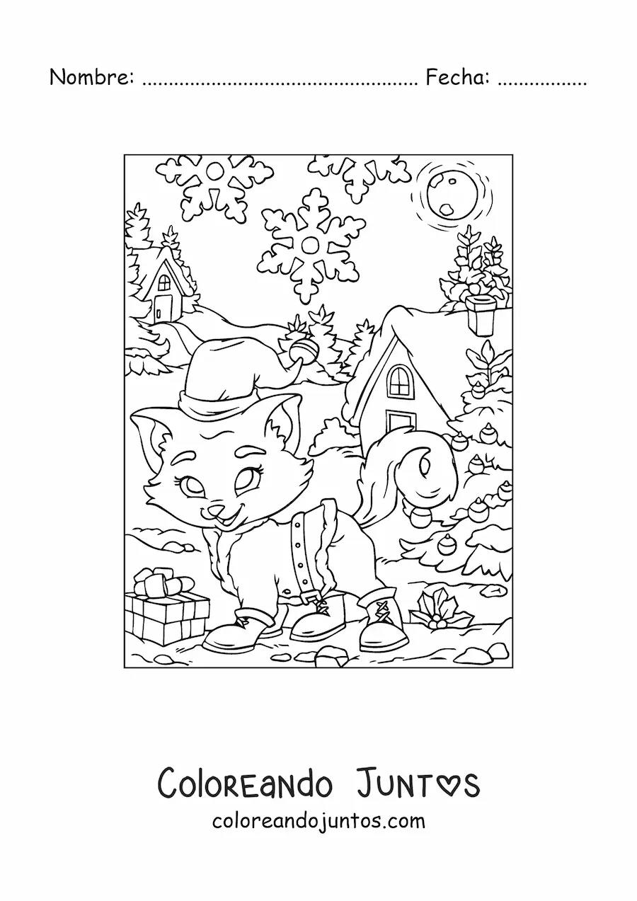 Imagen para colorear de gato animado con gorro de Navidad