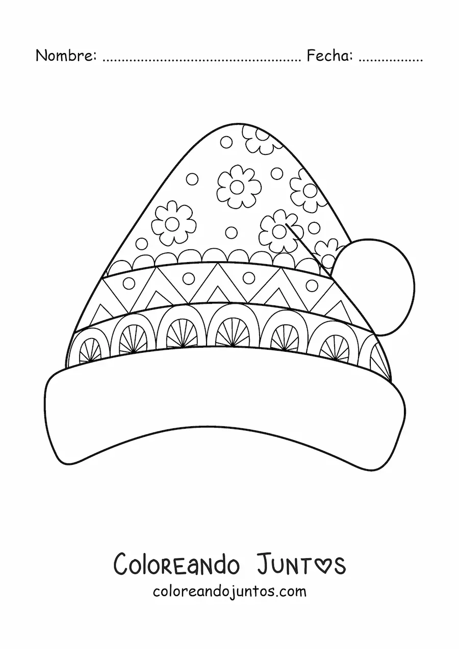Imagen para colorear de gorro de Navidad con mandala con flores