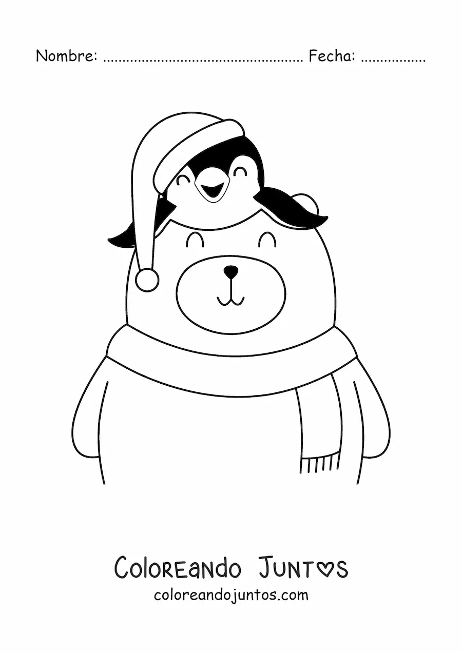 Imagen para colorear de oso con pingüino y gorro de Navidad