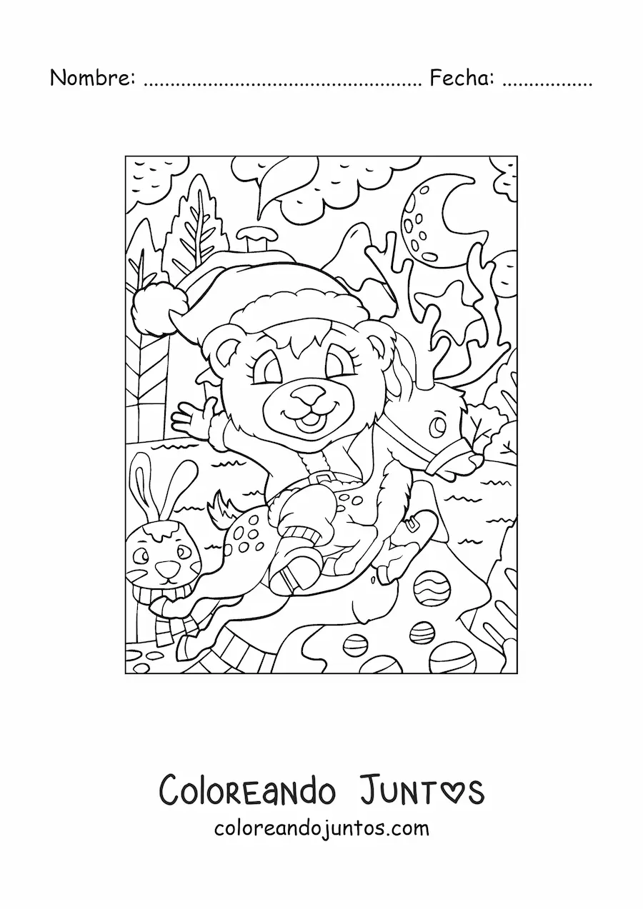 Imagen para colorear de oso de Navidad vestido de Santa con ciervo