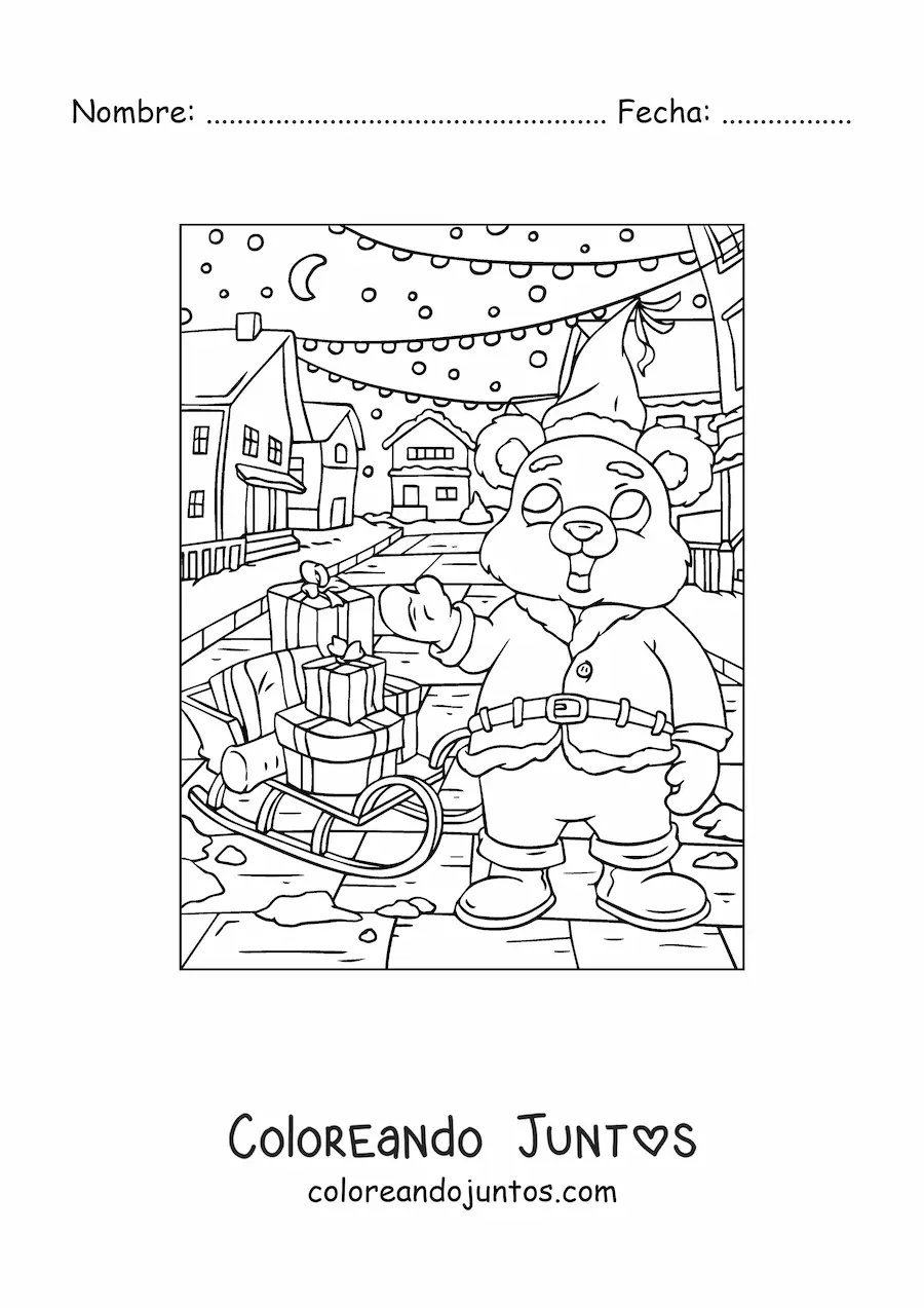 Imagen para colorear de oso de Navidad vestido de Santa con trineo con regalos