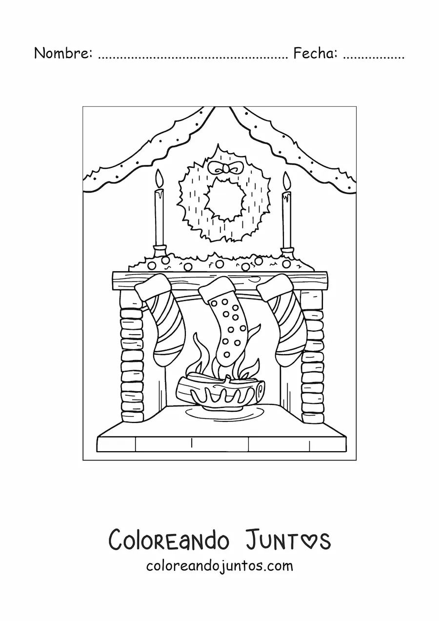 Imagen para colorear de chimenea decorada con calcetines y corona de Navidad