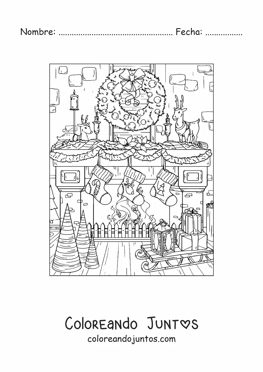 Imagen para colorear de chimenea realista decorada de Navidad