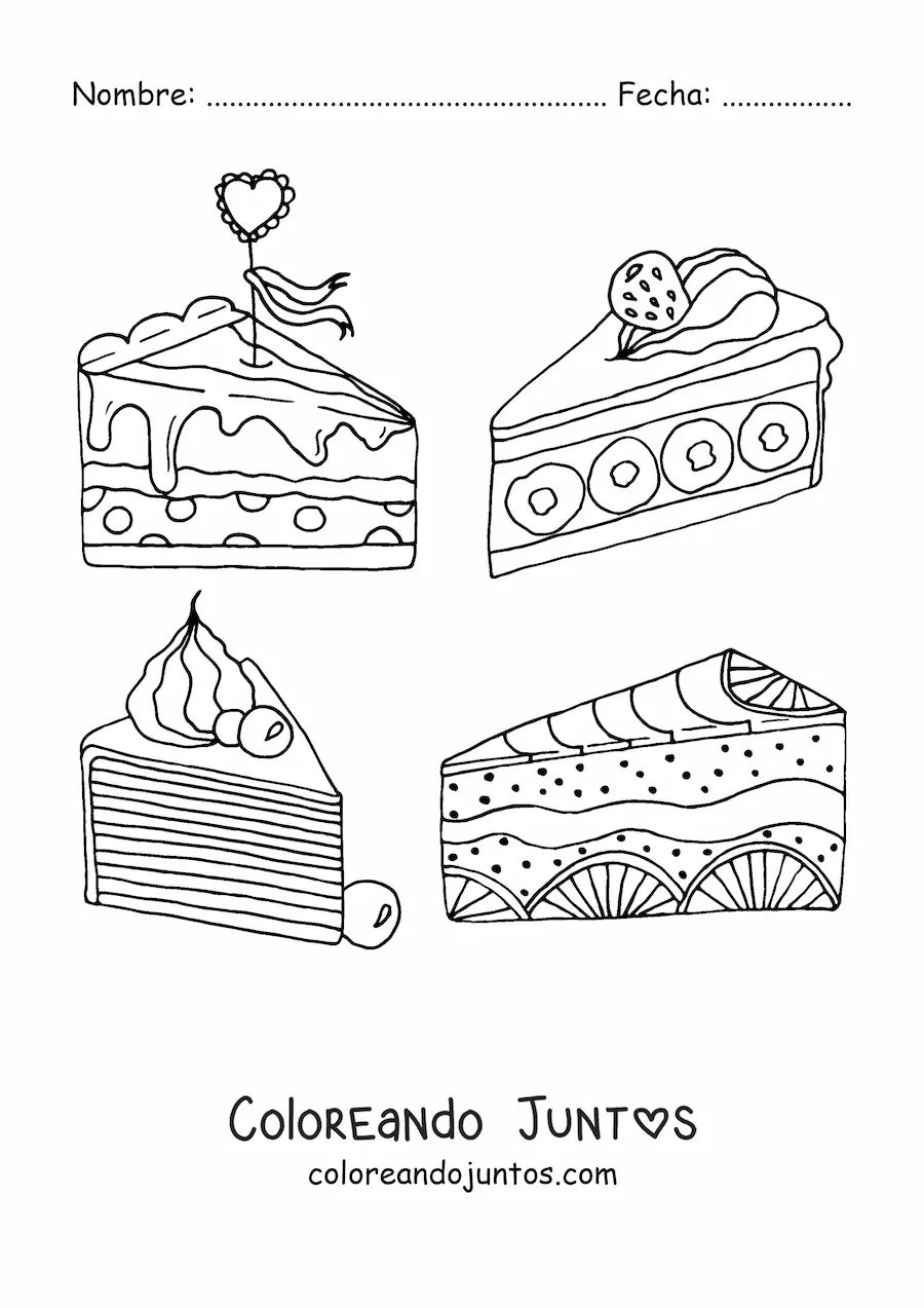 Imagen para colorear de cuatro rebanadas triangulares de pasteles con frutas