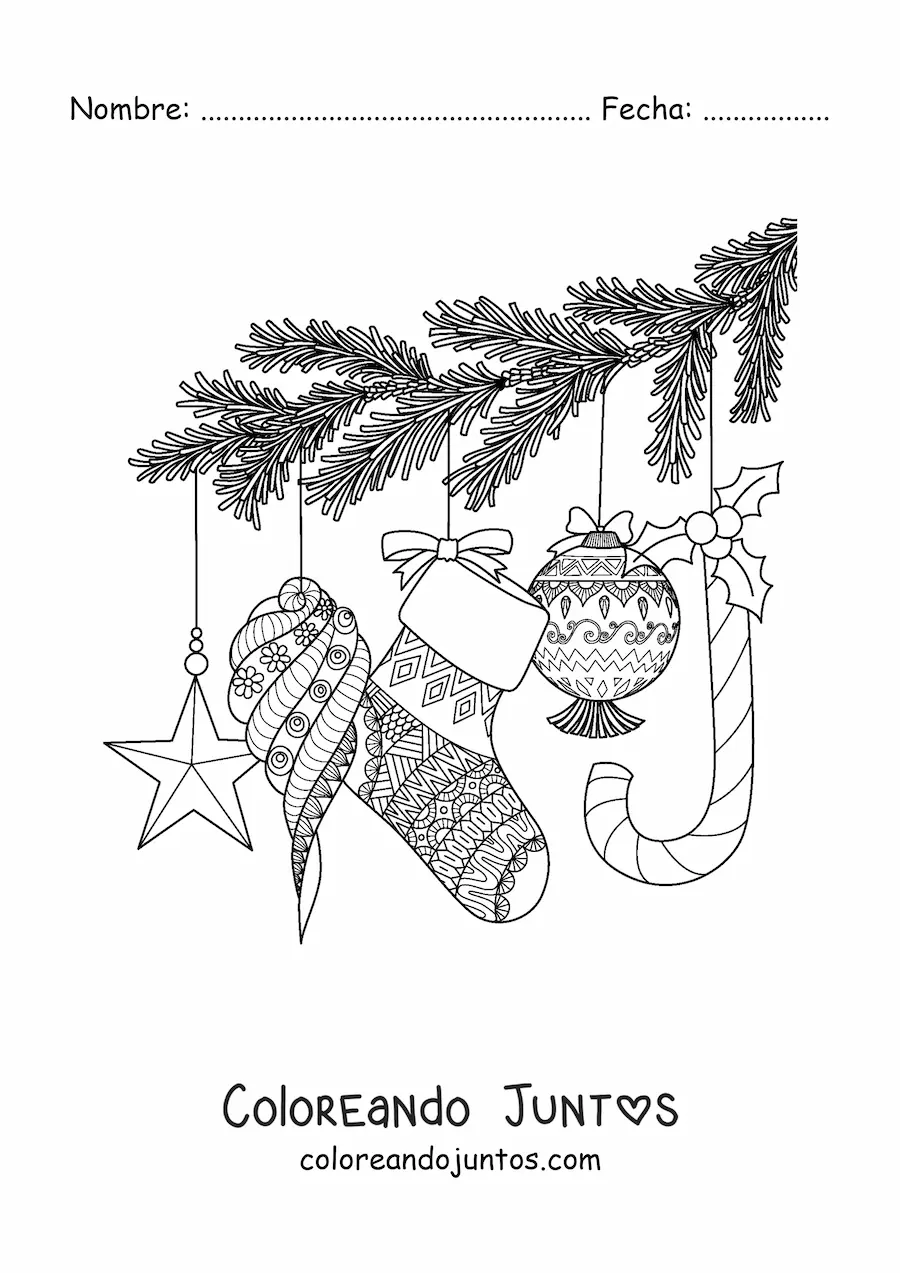 Imagen para colorear de rama del arbolito de Navidad con bambalinas y adornos