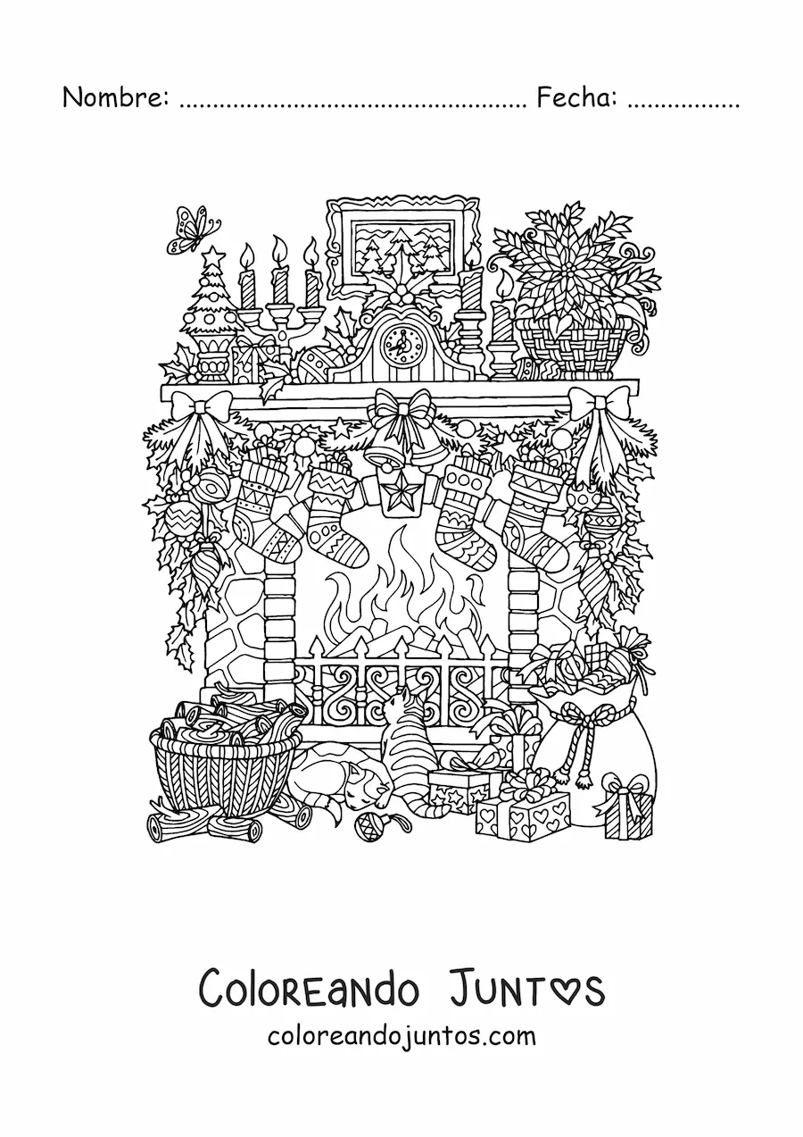 Imagen para colorear de chimenea realista decorada de Navidad con regalos