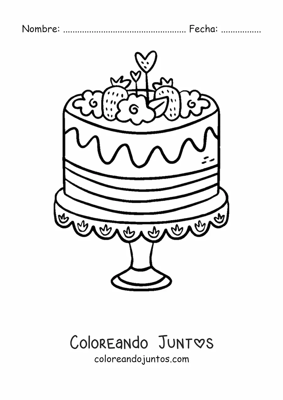 Imagen para colorear de un pastel decorado con fresas y flores