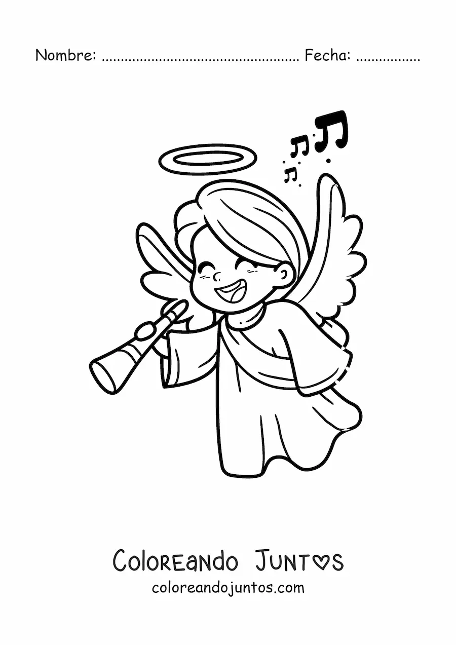 Imagen para colorear de angelito de Navidad con flauta