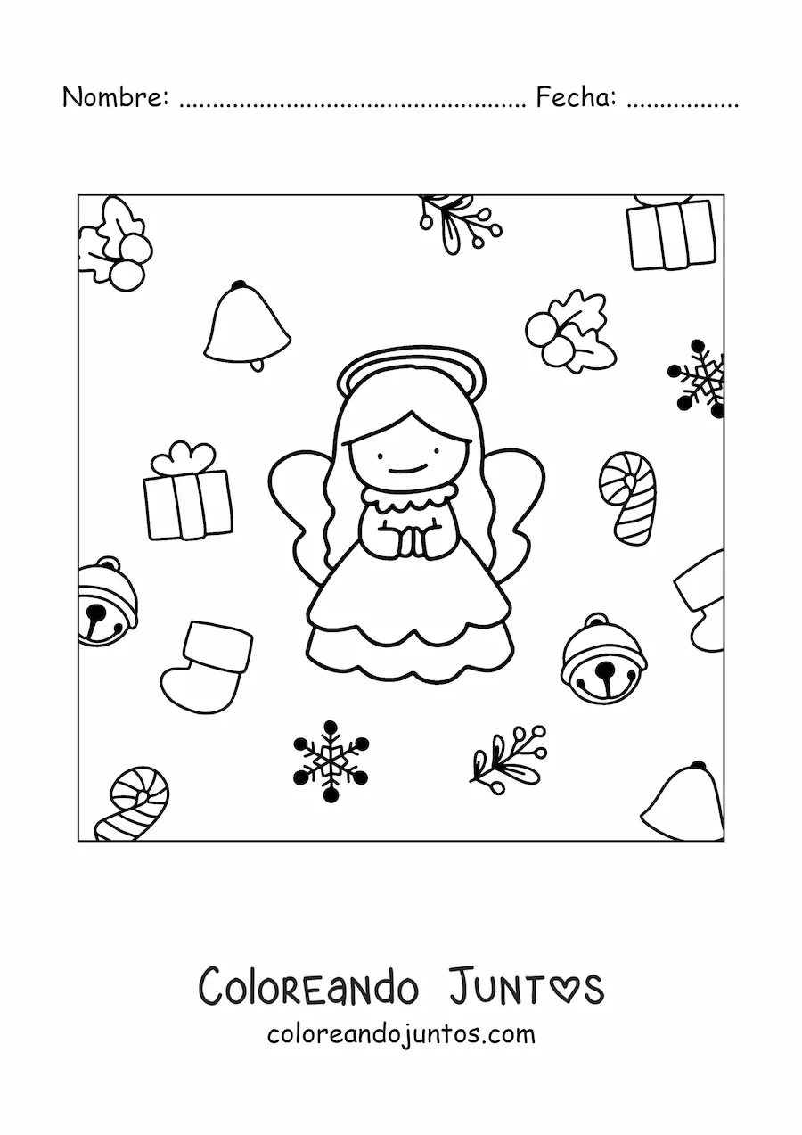 Imagen para colorear de ángel con adornos de Navidad