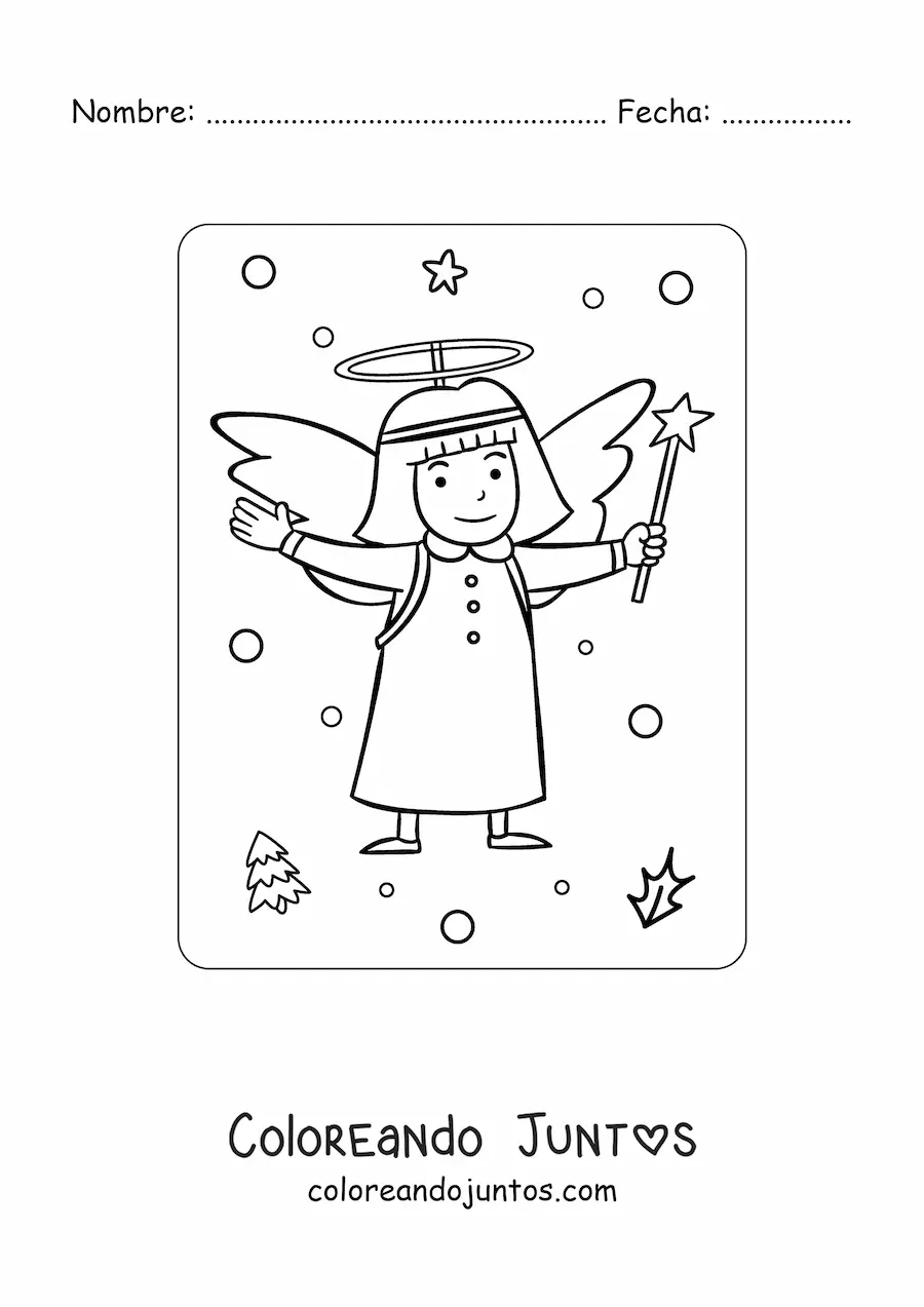 Imagen para colorear de niña disfrazada de angelito de Navidad