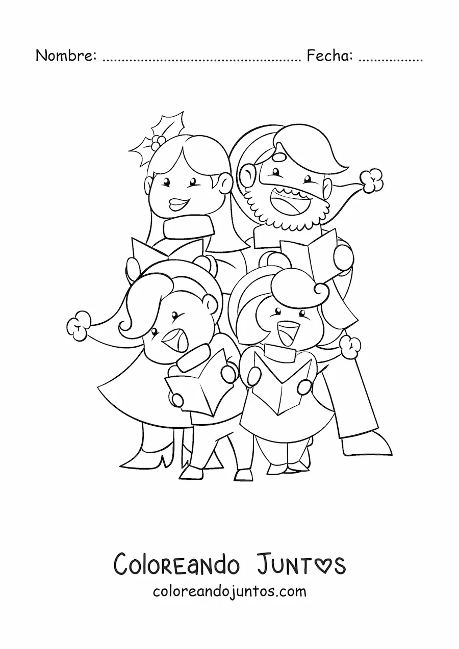 Imagen para colorear de familia cantando villancicos alegres en Navidad