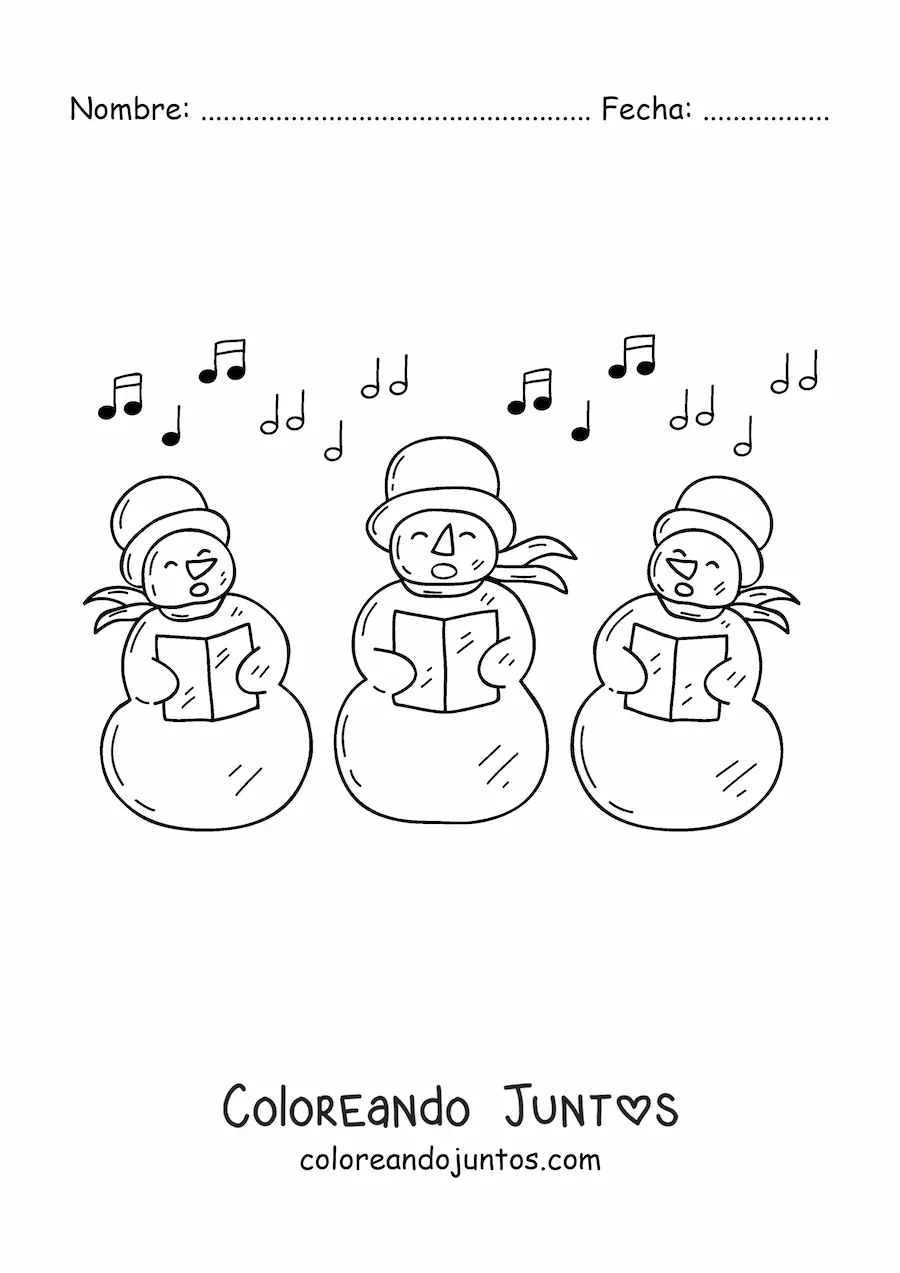 Imagen para colorear de hombres de nieve animados cantando villancicos en Navidad