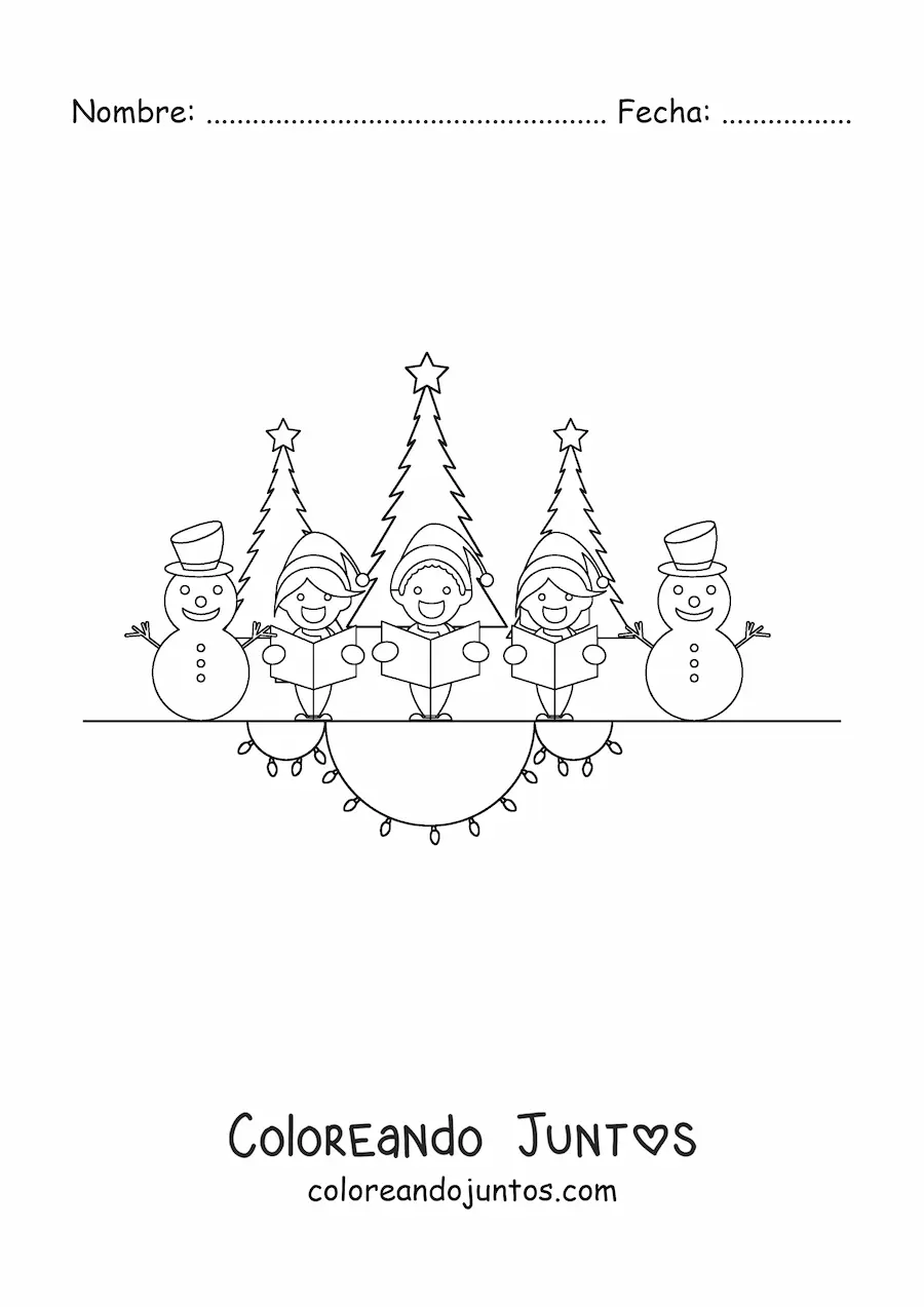 Imagen para colorear de niños y hombres de nieve animados cantando villancicos en Navidad
