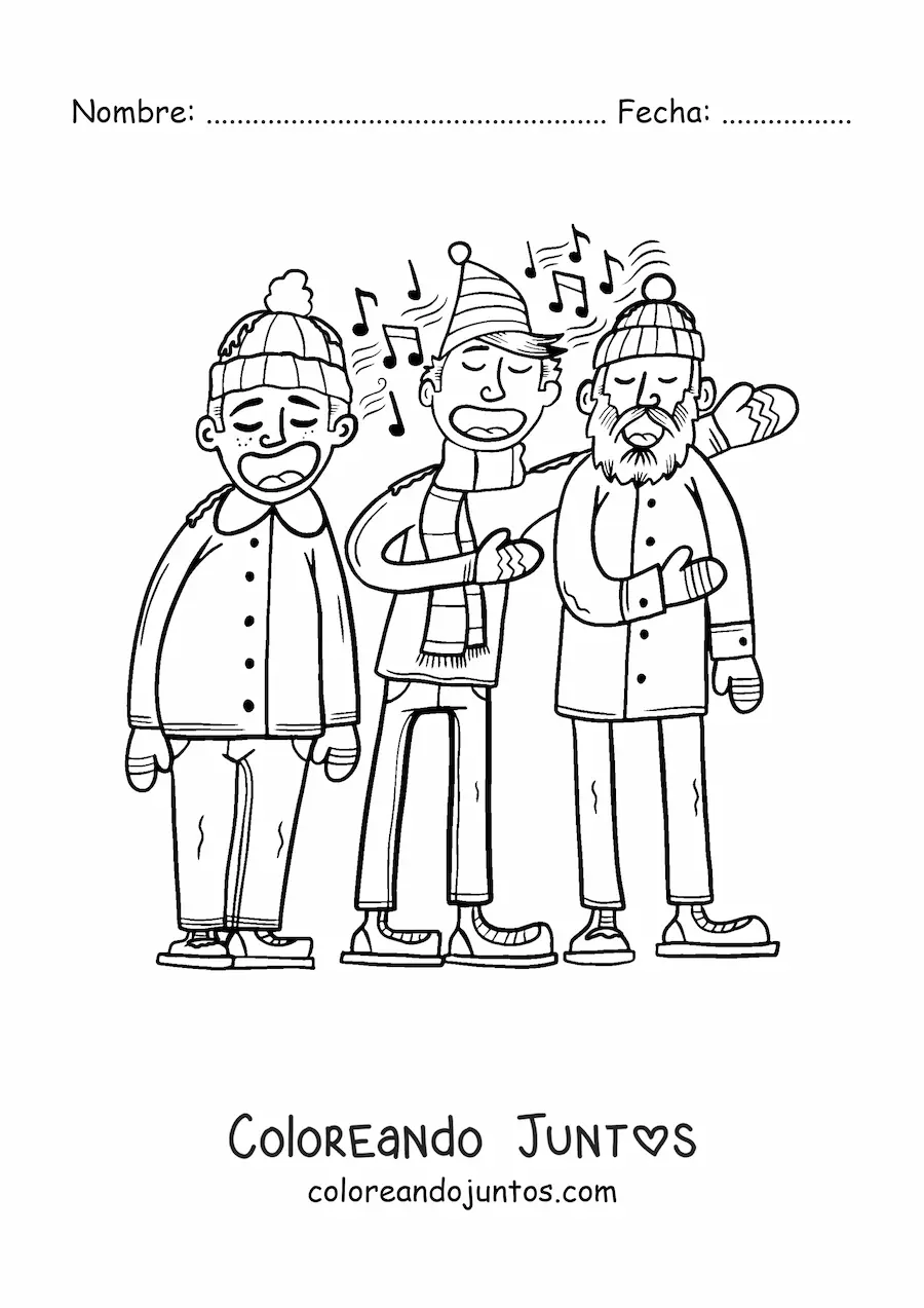 Imagen para colorear de hombres cantando villancicos en Navidad