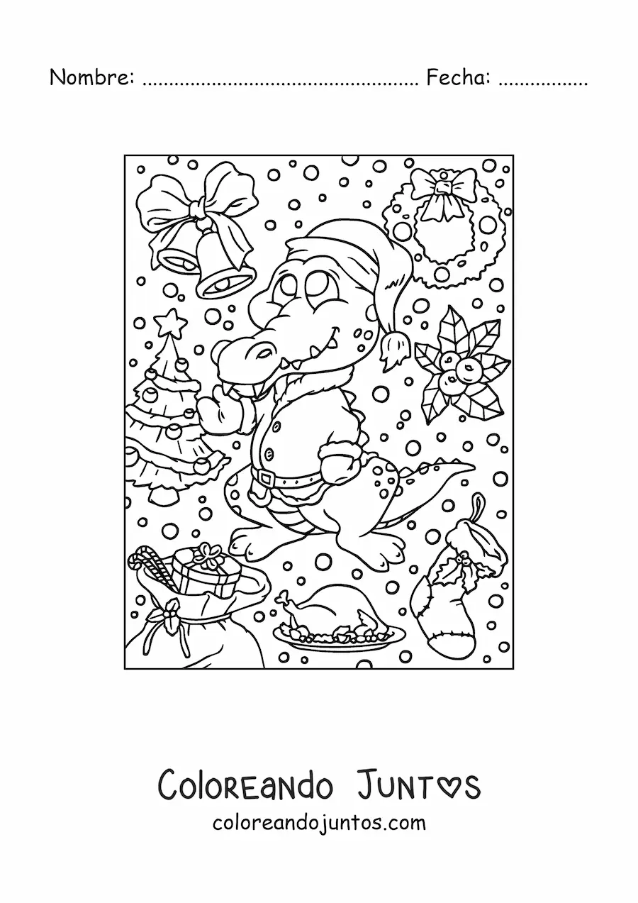 Imagen para colorear de cocodrilo navideño animado