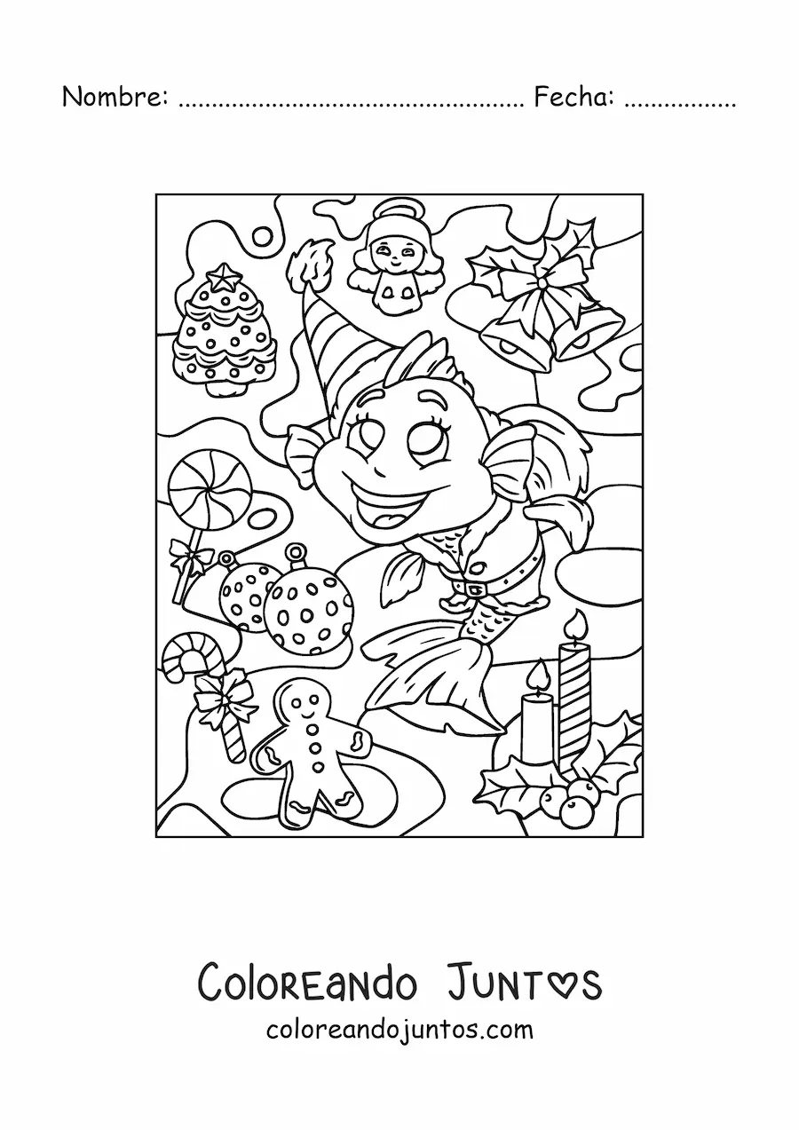 Imagen para colorear de pez navideño animado