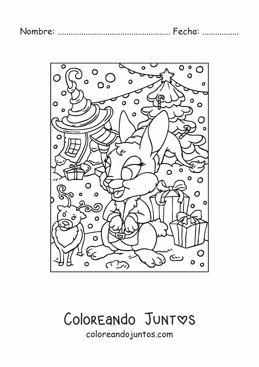 Imagen para colorear de conejo navideño animado