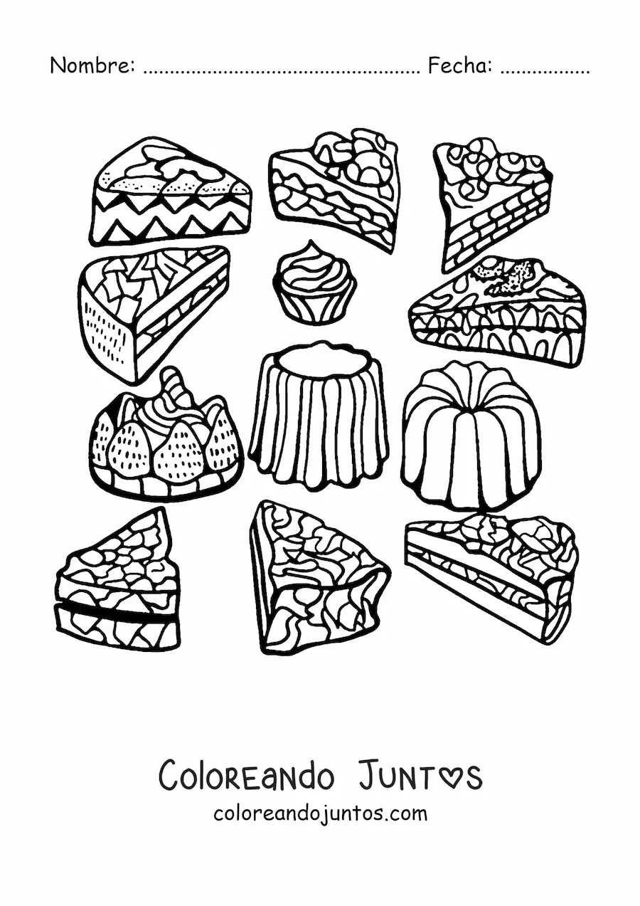 Imagen para colorear de varias rebanadas de pasteles y postres